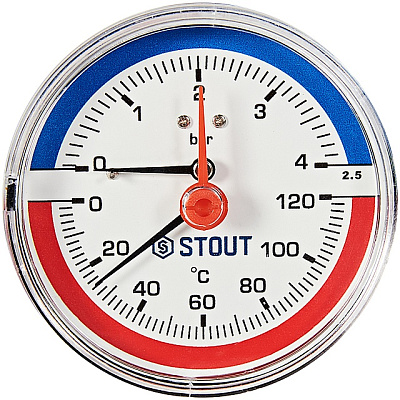 Термоманометр Stout аксиальный с автоматическим запорным клапаном, Dn 80 мм 1/2 , 0...120C, 0-4 бар