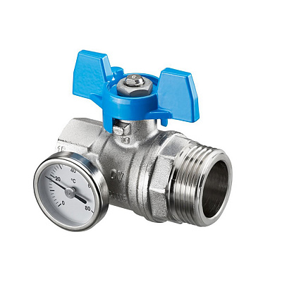Кран шаровой Oventrop DN 20 G3/4 ВР х G1 НР, плоское уплотнение, с термометром, синий маховик
