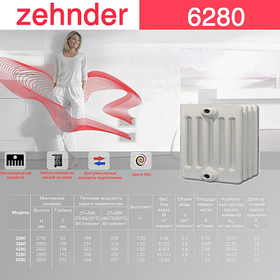 Стальной трубчатый радиатор отопления Zehnder 6280 / 1 секция