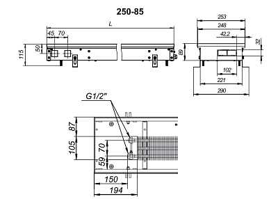 Внутрипольный конвектор с естественной конвекцией Techno KVZ 250-85-1200